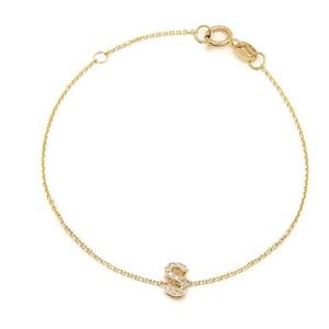 14K Real Yellow Gold  Initial ”S” Single Prong Diamond Bracelet 7+1″